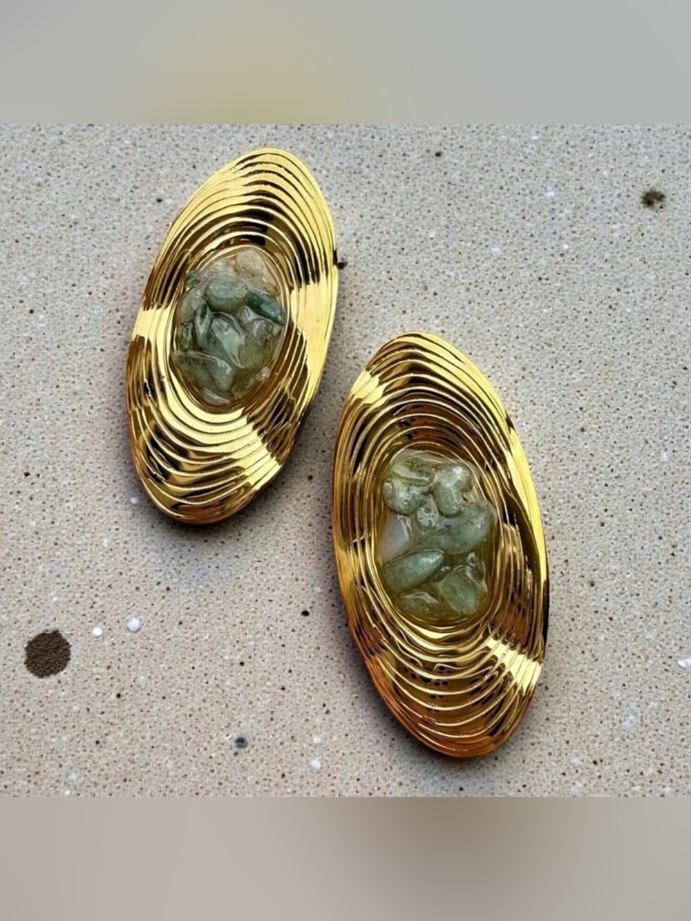 Gold Green Stone Statement Earrings Like New